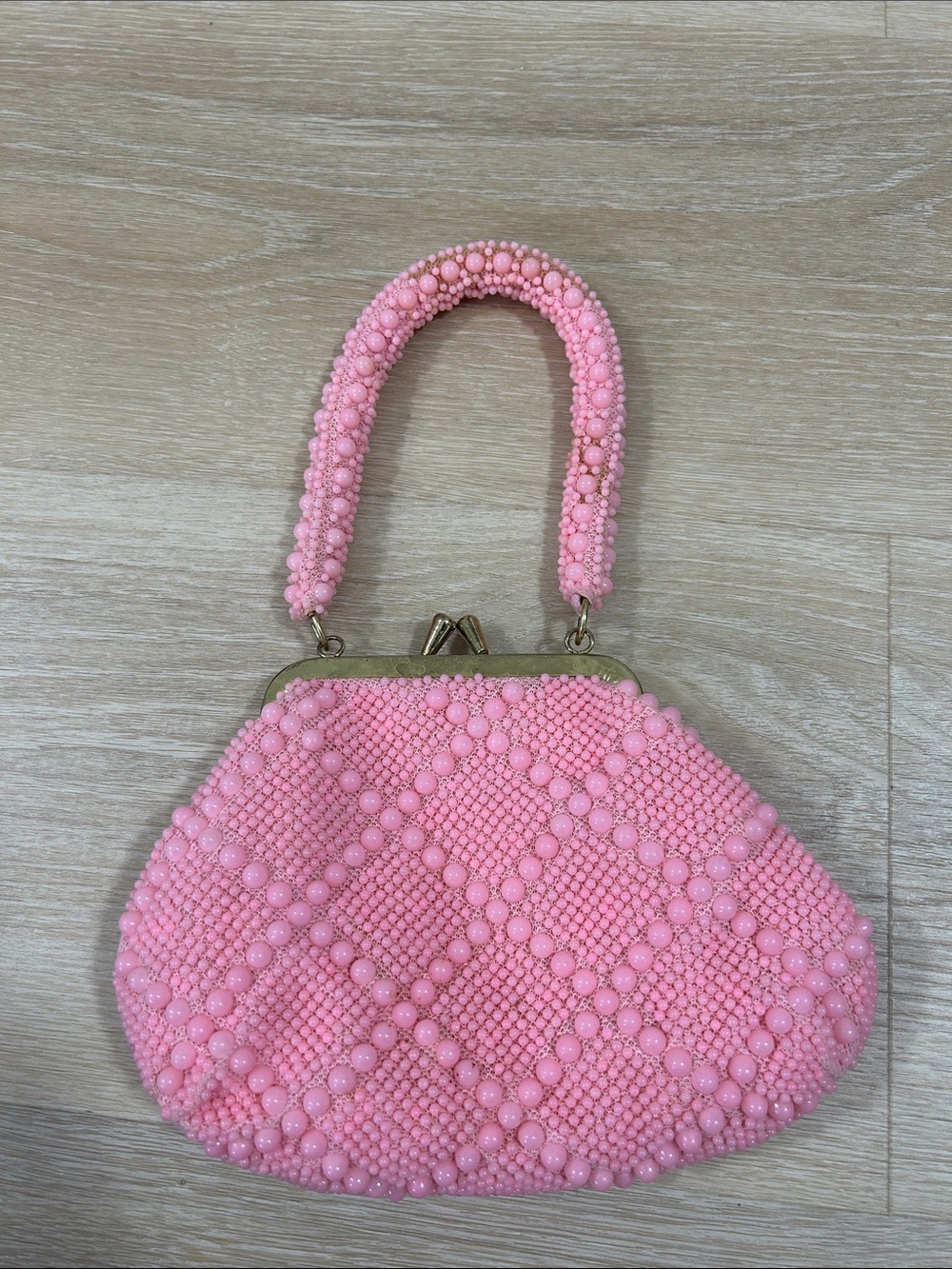 Vintage Pink Beaded Evening Clutch with Top Handle